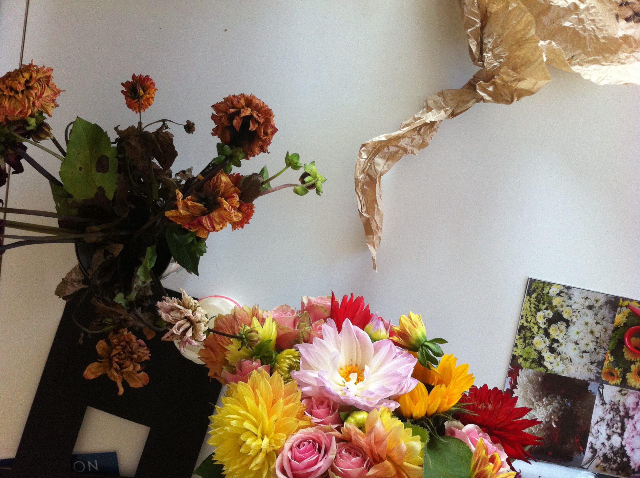 Blumen und Papier auf einem weißen Tisch